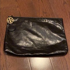 TORY BURCH textured leather top Zip clutch pouch